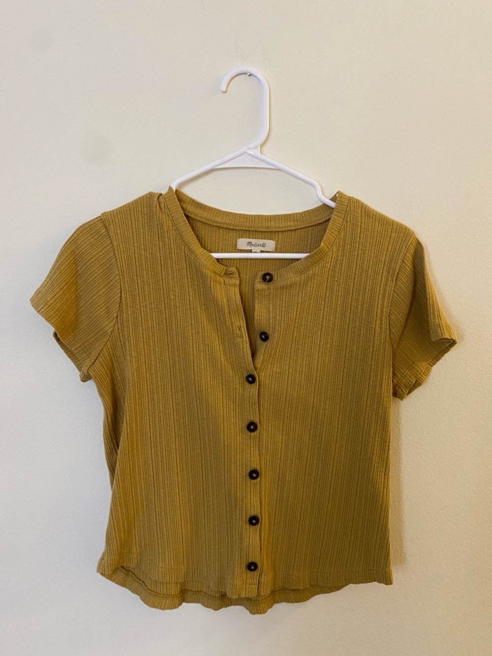 Madewell Women's Mustard Ribbed Button-Front Tee Shirt Medium